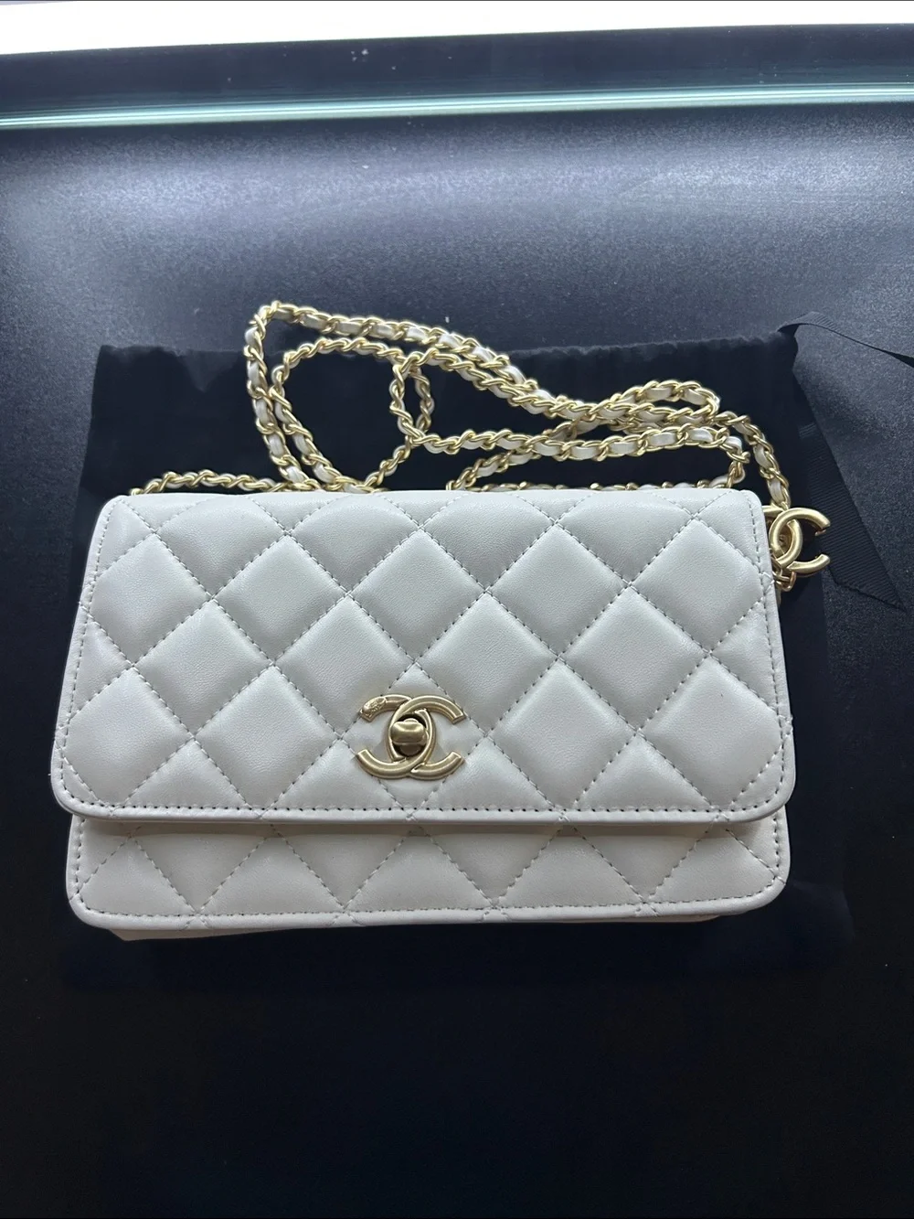 CHANEL White Quilted Leather Crossbody with Gold Chain